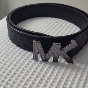 Michael Kors Black Leather Belt with Silver MK Logo Small